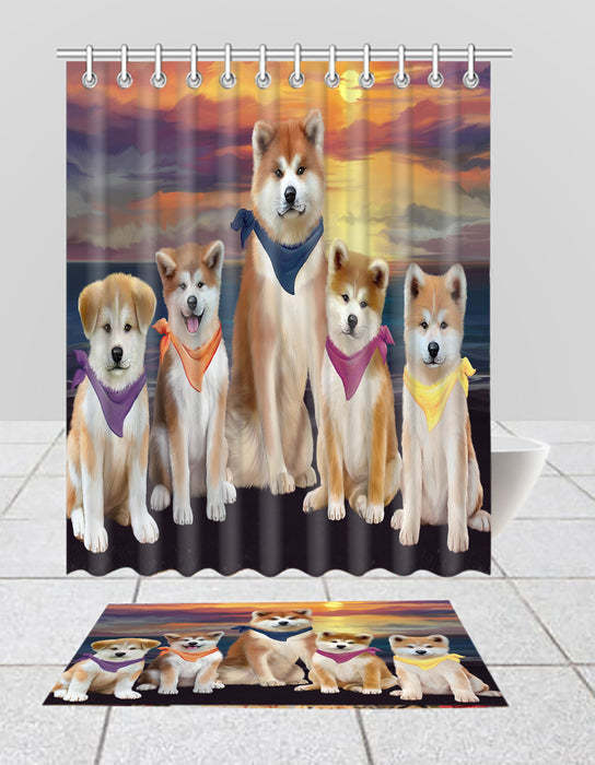 Family Sunset Portrait Akita Dogs Bath Mat and Shower Curtain Combo