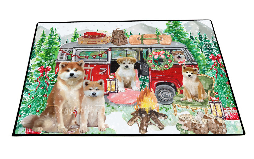 Christmas Time Camping with Akita Dogs Floor Mat- Anti-Slip Pet Door Mat Indoor Outdoor Front Rug Mats for Home Outside Entrance Pets Portrait Unique Rug Washable Premium Quality Mat