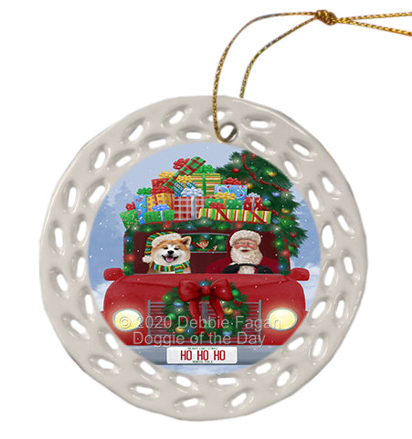 Christmas Honk Honk Red Truck with Santa and Akita Dog Doily Ornament DPOR59316
