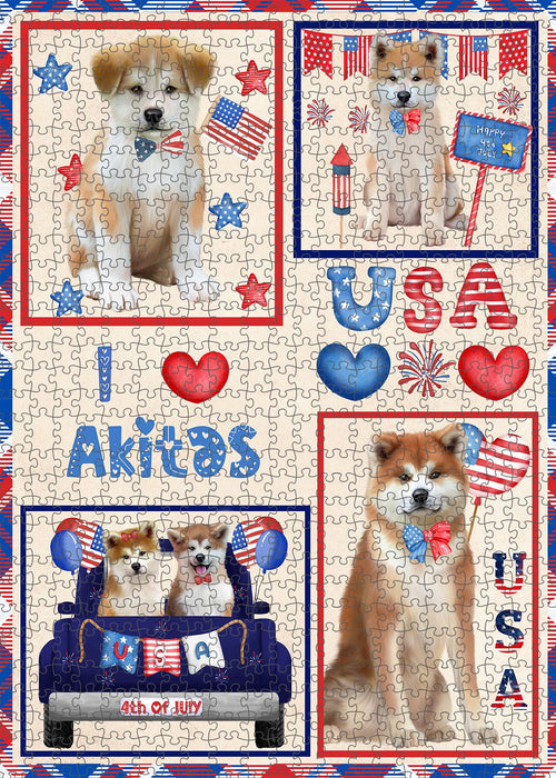 4th of July Independence Day I Love USA Akita Dogs Portrait Jigsaw Puzzle for Adults Animal Interlocking Puzzle Game Unique Gift for Dog Lover's with Metal Tin Box