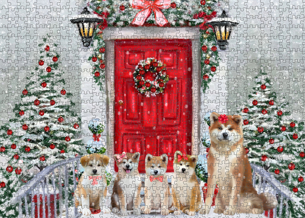 Christmas Holiday Welcome Akita Dogs Portrait Jigsaw Puzzle for Adults Animal Interlocking Puzzle Game Unique Gift for Dog Lover's with Metal Tin Box