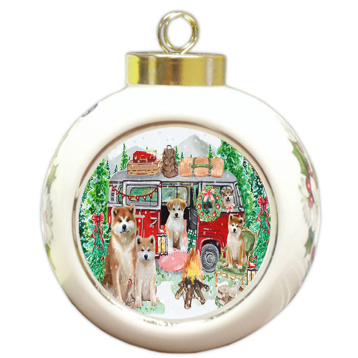 Christmas Time Camping with Akita Dogs Round Ball Christmas Ornament Pet Decorative Hanging Ornaments for Christmas X-mas Tree Decorations - 3" Round Ceramic Ornament