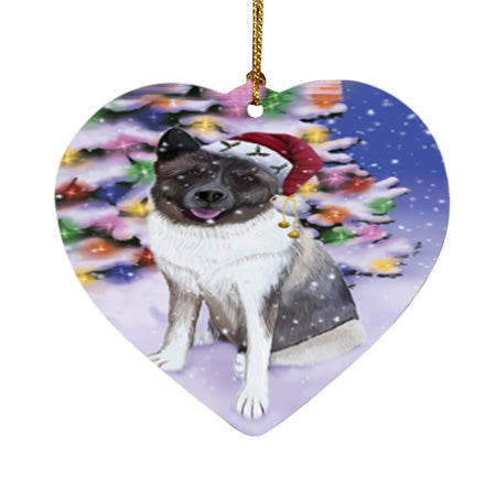 Winterland Wonderland Akita Dog In Christmas Holiday Scenic Background Heart Christmas Ornament HPOR56031