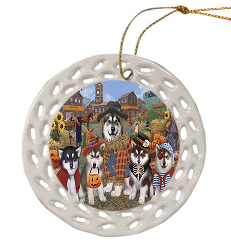 Halloween 'Round Town Alaskan Malamute Dogs Ceramic Doily Ornament DPOR57459