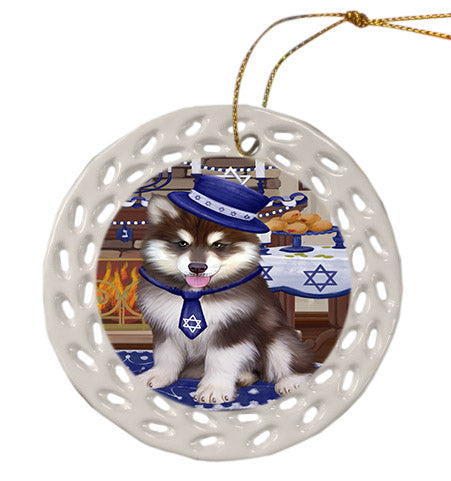 Happy Hanukkah Alaskan Malamute Dog Ceramic Doily Ornament DPOR57637