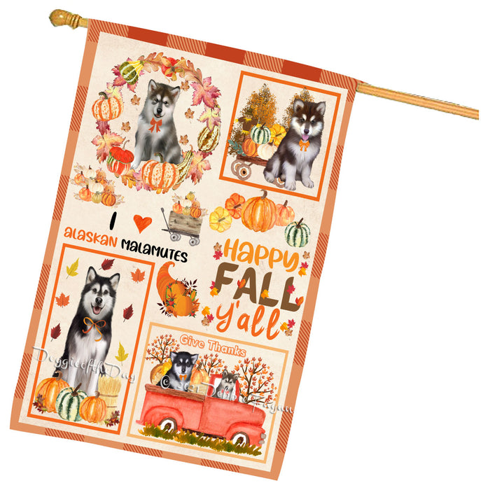 Happy Fall Y'all Pumpkin Alaskan Malamute Dogs House Flag Outdoor Decorative Double Sided Pet Portrait Weather Resistant Premium Quality Animal Printed Home Decorative Flags 100% Polyester