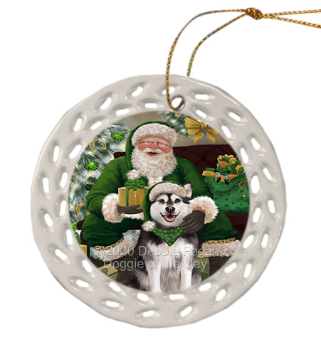 Christmas Irish Santa with Gift and Alaskan Malamute Dog Doily Ornament DPOR59458
