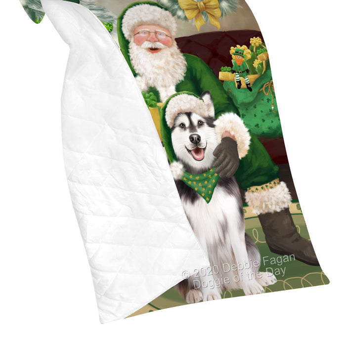 Christmas Irish Santa with Gift and Alaskan Malamute Dog Quilt Bed Coverlet Bedspread - Pets Comforter Unique One-side Animal Printing - Soft Lightweight Durable Washable Polyester Quilt