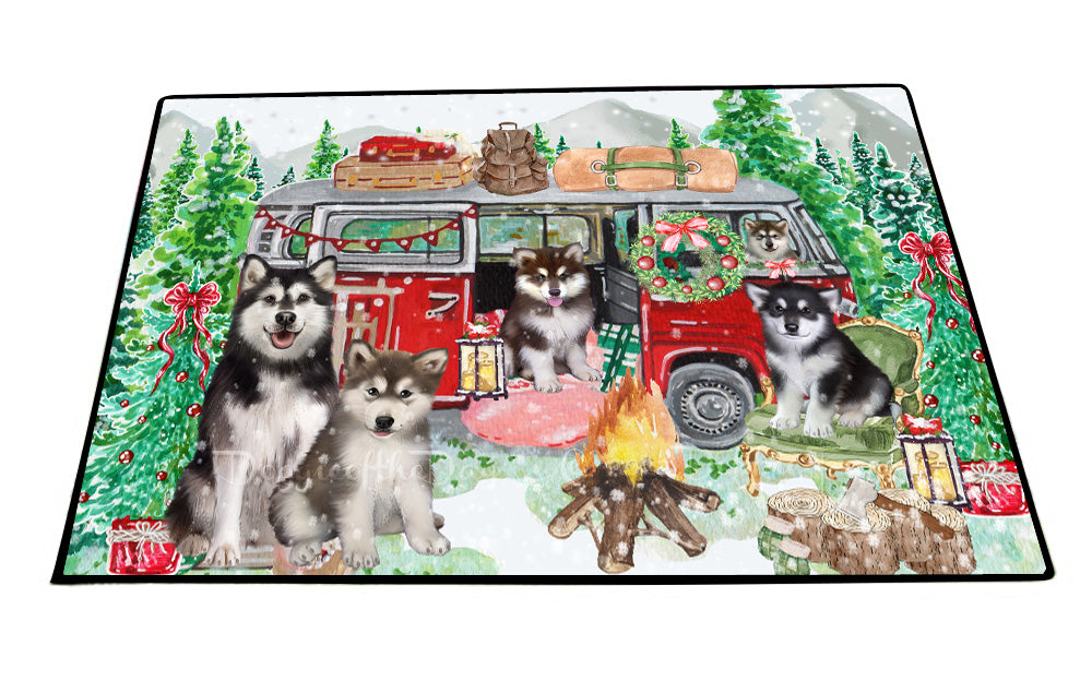 Christmas Time Camping with Alaskan Malamute Dogs Floor Mat- Anti-Slip Pet Door Mat Indoor Outdoor Front Rug Mats for Home Outside Entrance Pets Portrait Unique Rug Washable Premium Quality Mat