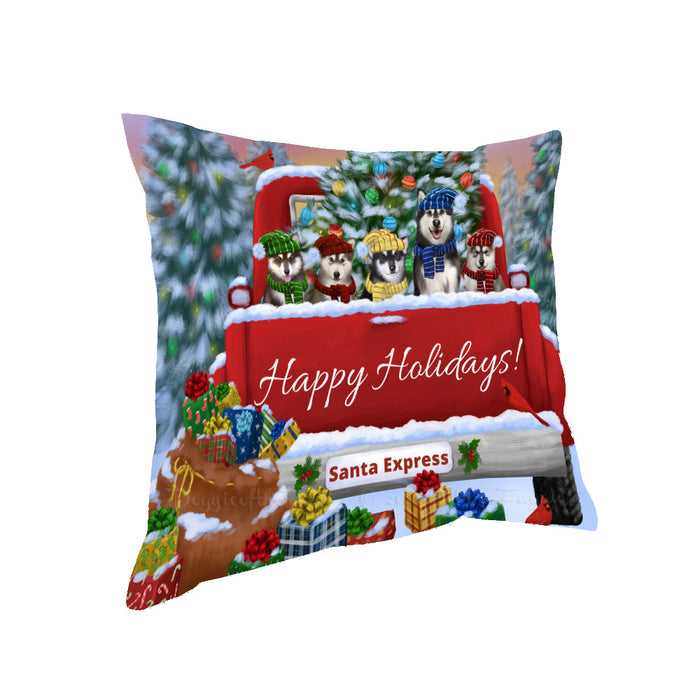 Christmas Red Truck Travlin Home for the Holidays Alaskan Malamute Dogs Pillow with Top Quality High-Resolution Images - Ultra Soft Pet Pillows for Sleeping - Reversible & Comfort - Ideal Gift for Dog Lover - Cushion for Sofa Couch Bed - 100% Polyester