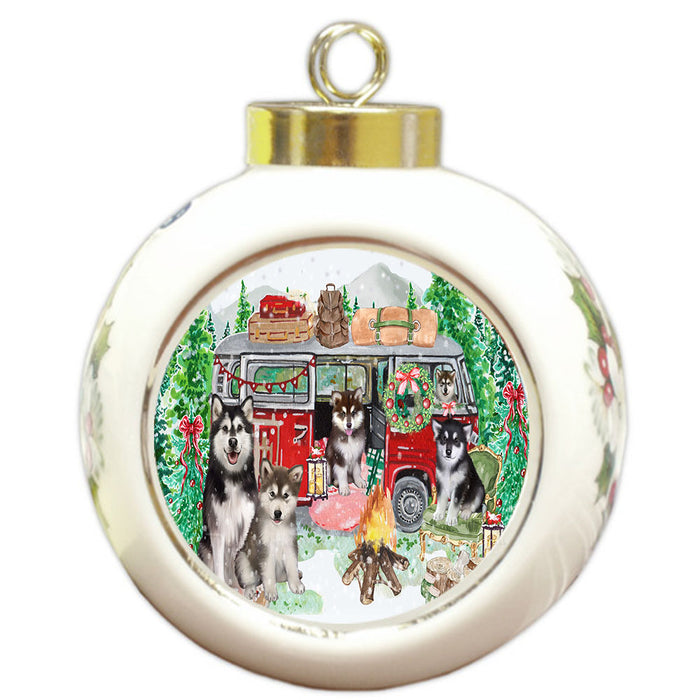 Christmas Time Camping with Alaskan Malamute Dogs Round Ball Christmas Ornament Pet Decorative Hanging Ornaments for Christmas X-mas Tree Decorations - 3" Round Ceramic Ornament