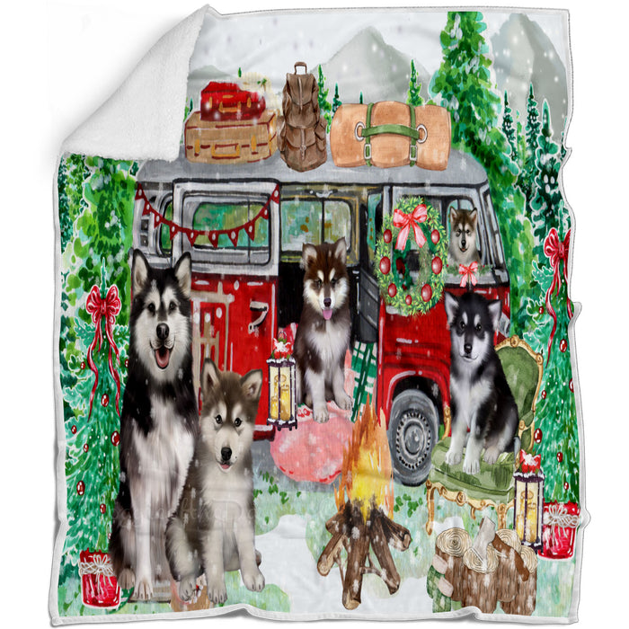 Christmas Time Camping with Alaskan Malamute Dogs Blanket - Lightweight Soft Cozy and Durable Bed Blanket - Animal Theme Fuzzy Blanket for Sofa Couch