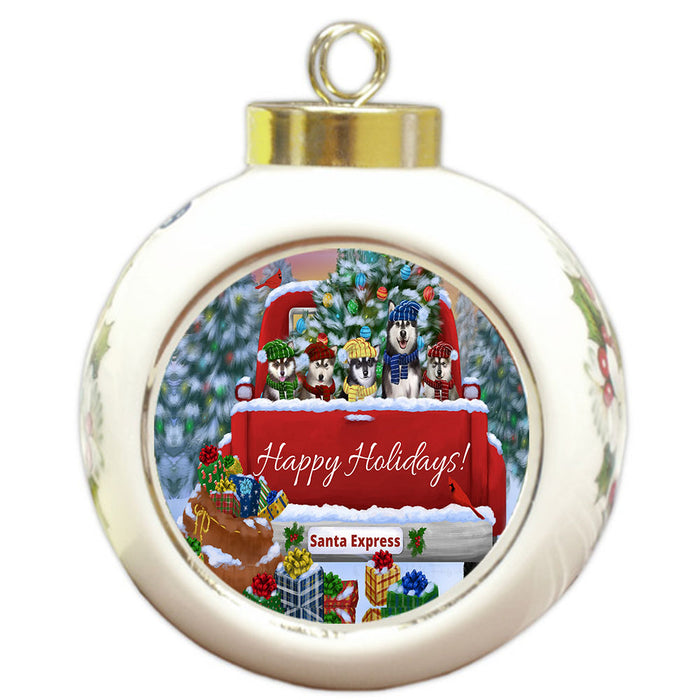 Christmas Red Truck Travlin Home for the Holidays Alaskan Malamute Dogs Round Ball Christmas Ornament Pet Decorative Hanging Ornaments for Christmas X-mas Tree Decorations - 3" Round Ceramic Ornament