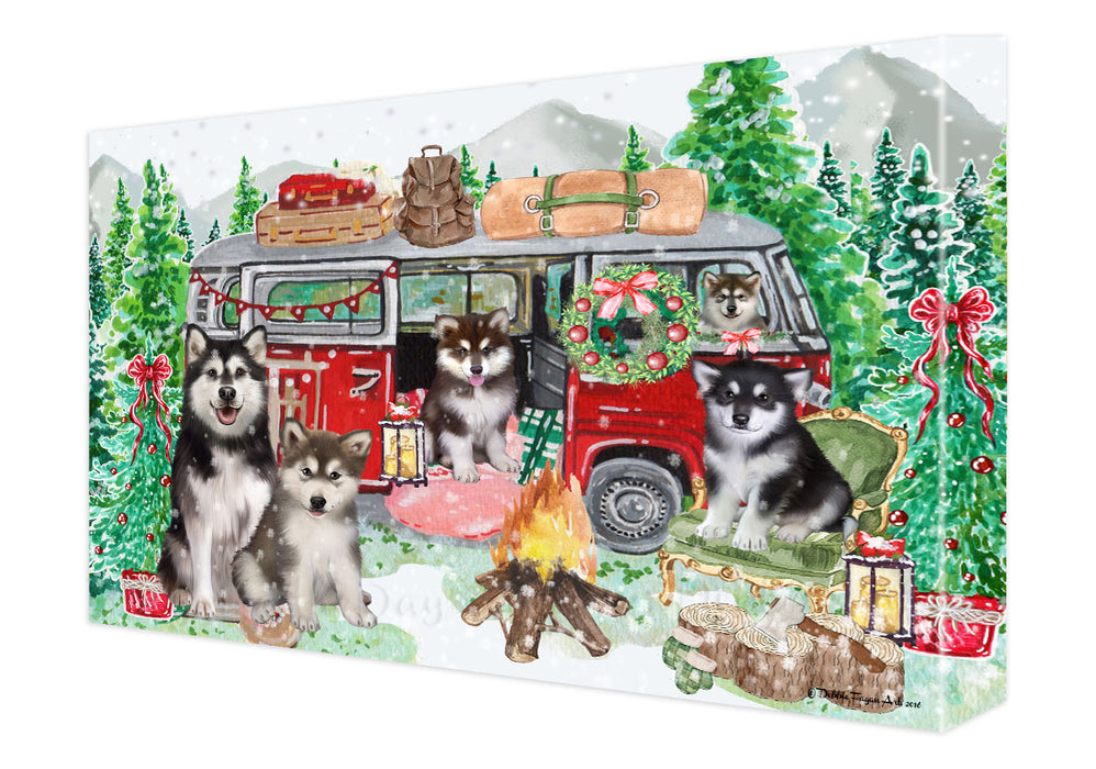 Christmas Time Camping with Alaskan Malamute Dogs Canvas Wall Art - Premium Quality Ready to Hang Room Decor Wall Art Canvas - Unique Animal Printed Digital Painting for Decoration