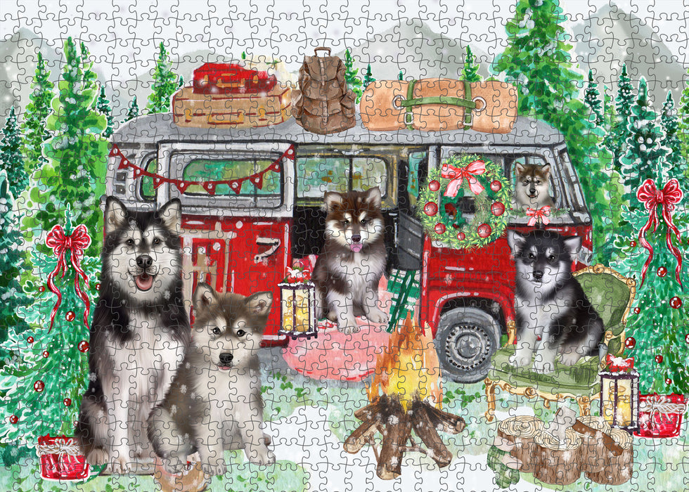 Christmas Time Camping with Alaskan Malamute Dogs Portrait Jigsaw Puzzle for Adults Animal Interlocking Puzzle Game Unique Gift for Dog Lover's with Metal Tin Box