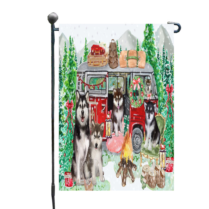 Christmas Time Camping with Alaskan Malamute Dogs Garden Flags- Outdoor Double Sided Garden Yard Porch Lawn Spring Decorative Vertical Home Flags 12 1/2"w x 18"h