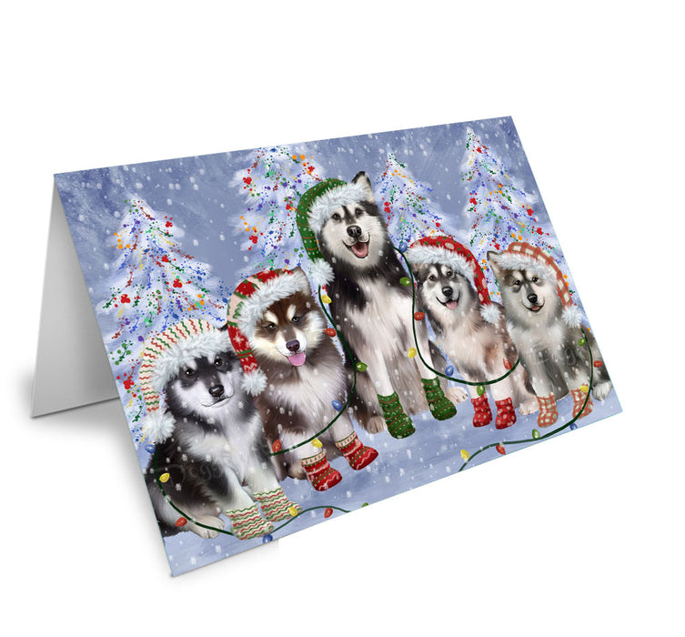 Christmas Lights and Alaskan Malamute Dogs Handmade Artwork Assorted Pets Greeting Cards and Note Cards with Envelopes for All Occasions and Holiday Seasons