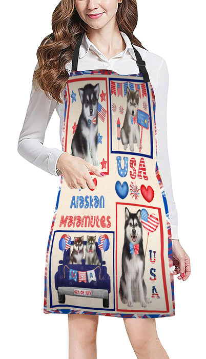 4th of July Independence Day I Love USA Alaskan Malamute Dogs Apron - Adjustable Long Neck Bib for Adults - Waterproof Polyester Fabric With 2 Pockets - Chef Apron for Cooking, Dish Washing, Gardening, and Pet Grooming