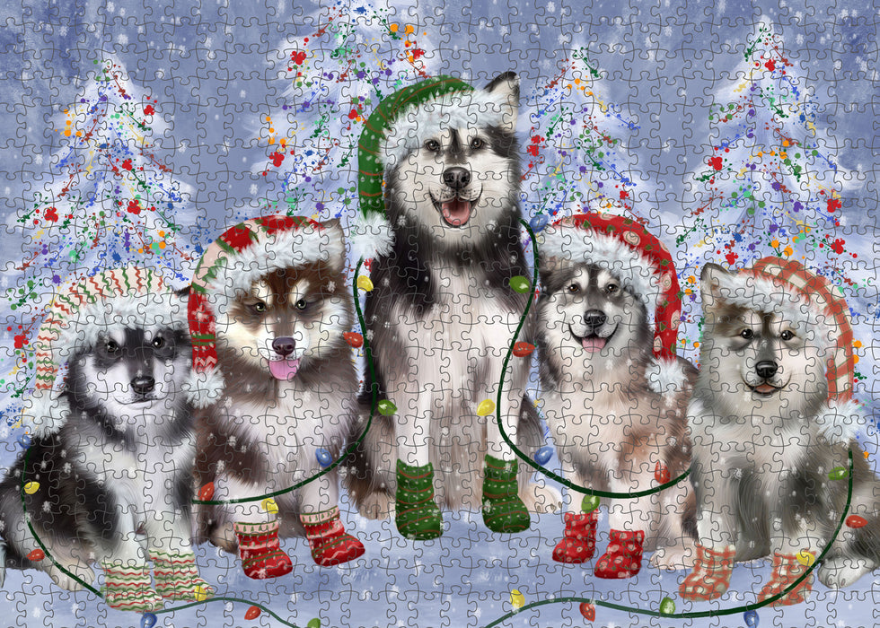 Christmas Lights and Alaskan Malamute Dogs Portrait Jigsaw Puzzle for Adults Animal Interlocking Puzzle Game Unique Gift for Dog Lover's with Metal Tin Box