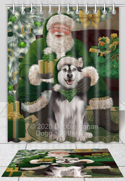 Christmas Irish Santa with Gift Alaskan Malamute Dog Bath Mat and Shower Curtain Combo