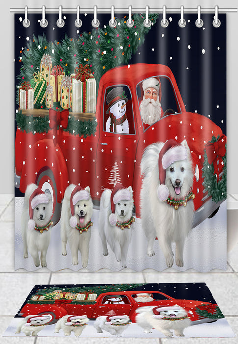 Christmas Express Delivery Red Truck Running American Eskimo Dogs Bath Mat and Shower Curtain Combo