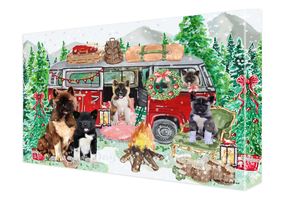 Christmas Time Camping with American Akita Dogs Canvas Wall Art - Premium Quality Ready to Hang Room Decor Wall Art Canvas - Unique Animal Printed Digital Painting for Decoration
