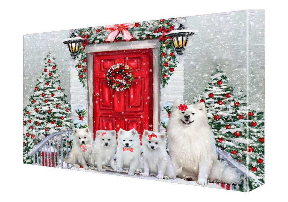 Christmas Holiday Welcome American Eskimo Dogs Canvas Wall Art - Premium Quality Ready to Hang Room Decor Wall Art Canvas - Unique Animal Printed Digital Painting for Decoration