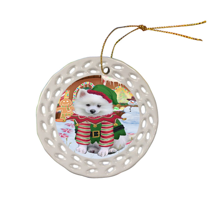 Christmas Gingerbread House Candyfest American Eskimo Dog Ceramic Doily Ornament DPOR56492