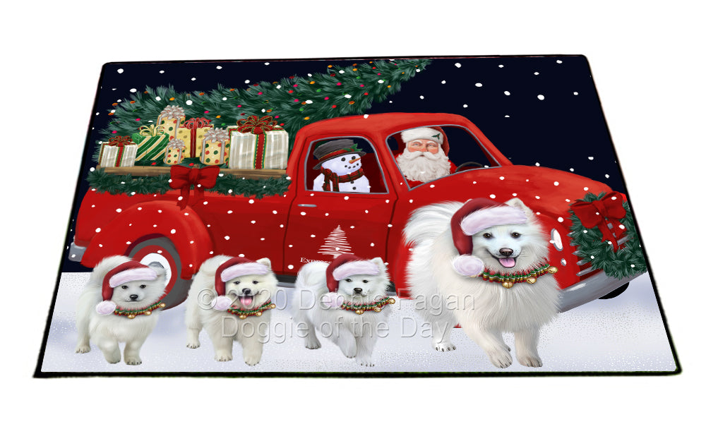 Christmas Express Delivery Red Truck Running American Eskimo Dogs Indoor/Outdoor Welcome Floormat - Premium Quality Washable Anti-Slip Doormat Rug FLMS56530