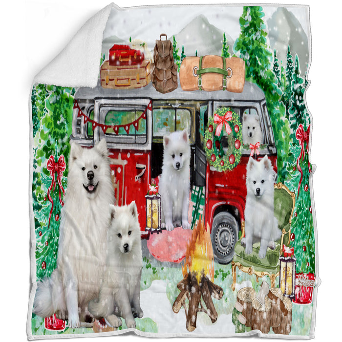 Christmas Time Camping with American Eskimo Dogs Blanket - Lightweight Soft Cozy and Durable Bed Blanket - Animal Theme Fuzzy Blanket for Sofa Couch
