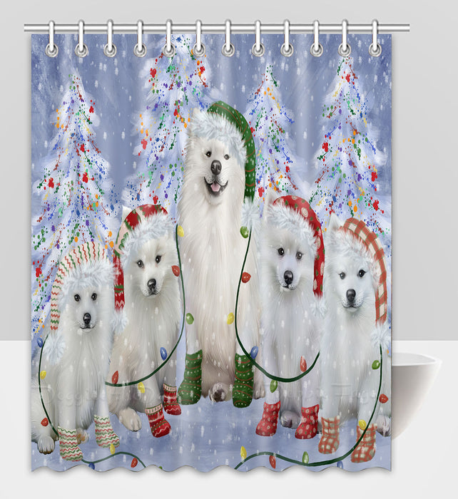 Christmas Lights and American Eskimo Dogs Shower Curtain Pet Painting Bathtub Curtain Waterproof Polyester One-Side Printing Decor Bath Tub Curtain for Bathroom with Hooks