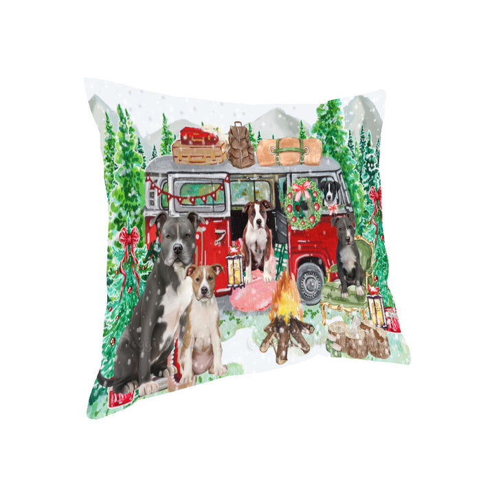 Christmas Time Camping with American Staffordshire Dogs Pillow with Top Quality High-Resolution Images - Ultra Soft Pet Pillows for Sleeping - Reversible & Comfort - Ideal Gift for Dog Lover - Cushion for Sofa Couch Bed - 100% Polyester
