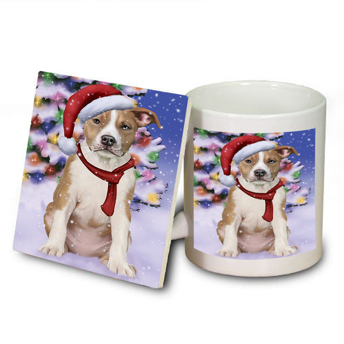 Winterland Wonderland American Staffordshire Terrier Dog In Christmas Holiday Scenic Background Mug and Coaster Set MUC53718