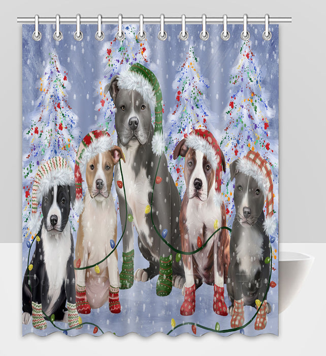 Christmas Lights and American Staffordshire Dogs Shower Curtain Pet Painting Bathtub Curtain Waterproof Polyester One-Side Printing Decor Bath Tub Curtain for Bathroom with Hooks