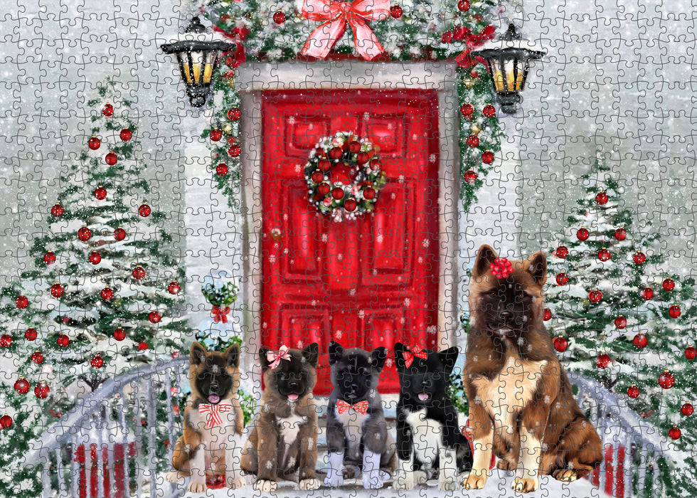 Christmas Holiday Welcome American Akita Dogs Portrait Jigsaw Puzzle for Adults Animal Interlocking Puzzle Game Unique Gift for Dog Lover's with Metal Tin Box