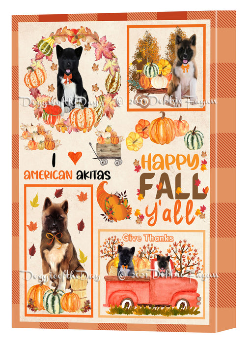 Happy Fall Y'all Pumpkin American Akita Dogs Canvas Wall Art - Premium Quality Ready to Hang Room Decor Wall Art Canvas - Unique Animal Printed Digital Painting for Decoration