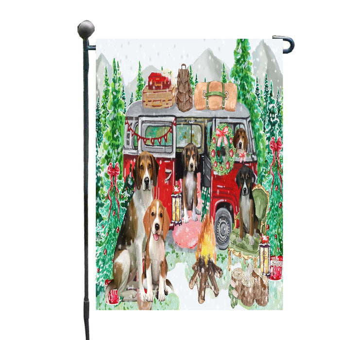 Christmas Time Camping with American English Foxhound Dogs Garden Flags- Outdoor Double Sided Garden Yard Porch Lawn Spring Decorative Vertical Home Flags 12 1/2"w x 18"h