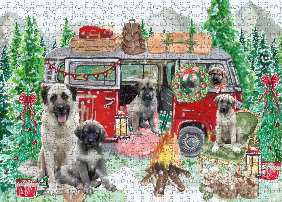 Christmas Time Camping with Anatolian Shepherd Dogs Portrait Jigsaw Puzzle for Adults Animal Interlocking Puzzle Game Unique Gift for Dog Lover's with Metal Tin Box