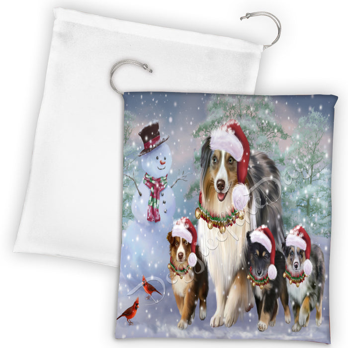 Christmas Running Fammily Australian Shepherd Dogs Drawstring Laundry or Gift Bag LGB48199