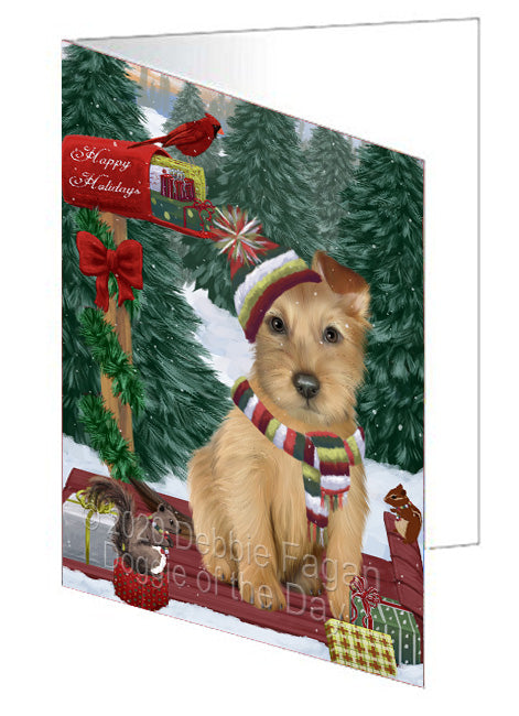 Christmas Woodland Sled Australian Terrier Dog Handmade Artwork Assorted Pets Greeting Cards and Note Cards with Envelopes for All Occasions and Holiday Seasons