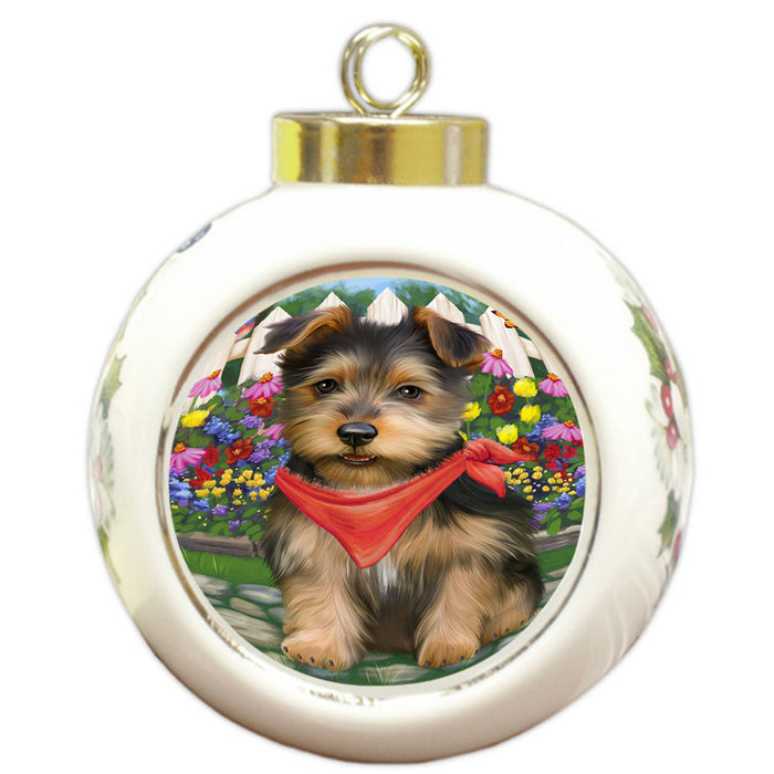 Spring Floral Australian Terrier Dog Round Ball Christmas Ornament RBPOR52231