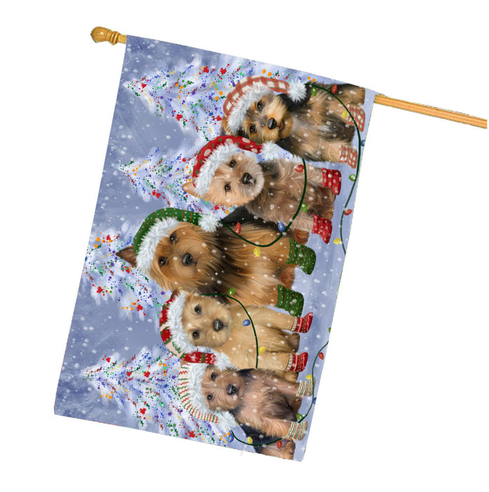 Christmas Lights and Australian Terrier Dogs House Flag Outdoor Decorative Double Sided Pet Portrait Weather Resistant Premium Quality Animal Printed Home Decorative Flags 100% Polyester