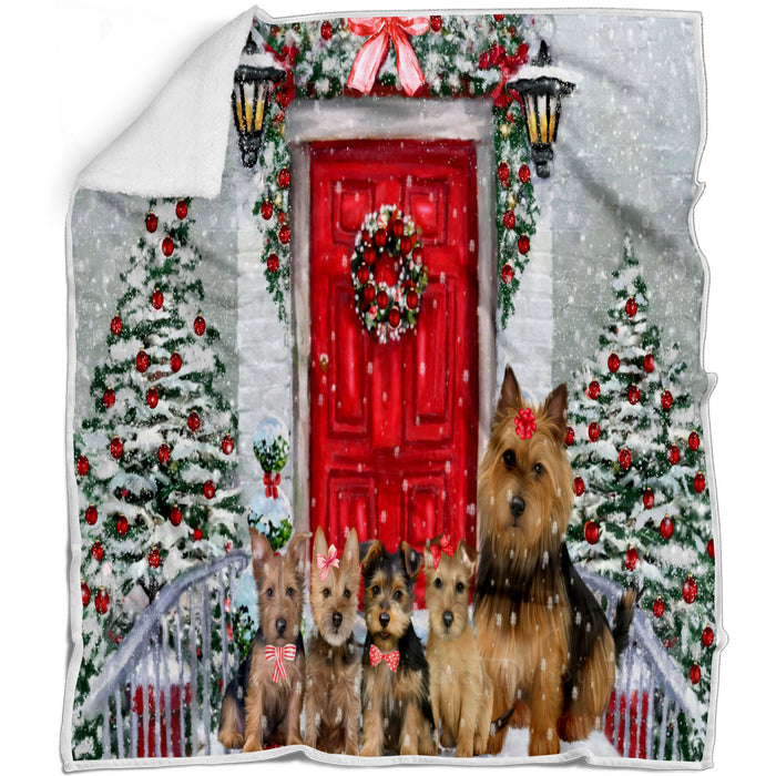 Christmas Holiday Welcome Australian Terrier Dogs Blanket - Lightweight Soft Cozy and Durable Bed Blanket - Animal Theme Fuzzy Blanket for Sofa Couch
