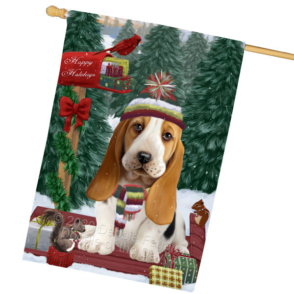 Christmas Woodland Sled Basset Hound Dog House Flag Outdoor Decorative Double Sided Pet Portrait Weather Resistant Premium Quality Animal Printed Home Decorative Flags 100% Polyester FLG69542