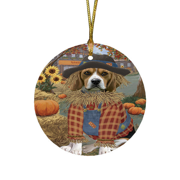 Halloween 'Round Town And Fall Pumpkin Scarecrow Both Beagle Dogs Round Flat Christmas Ornament RFPOR57433