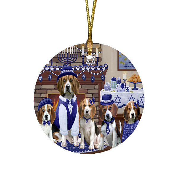 Happy Hanukkah Family and Happy Hanukkah Both Beagle Dogs Round Flat Christmas Ornament RFPOR57494