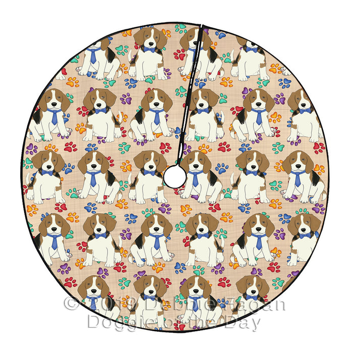 Rainbow Paw Print Beagle Dogs Blue Christmas Tree Skirt