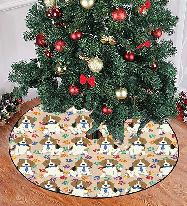 Rainbow Paw Print Beagle Dogs Blue Christmas Tree Skirt
