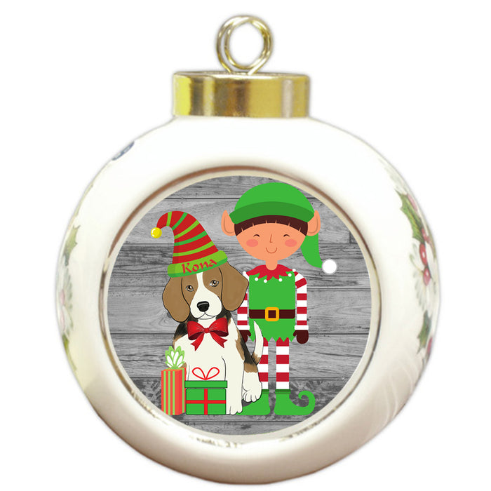 Custom Personalized Beagle Dog Elfie and Presents Christmas Round Ball Ornament