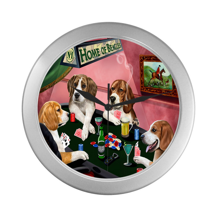 Home of Beagle Dogs Playing Poker Silver Wall Clocks